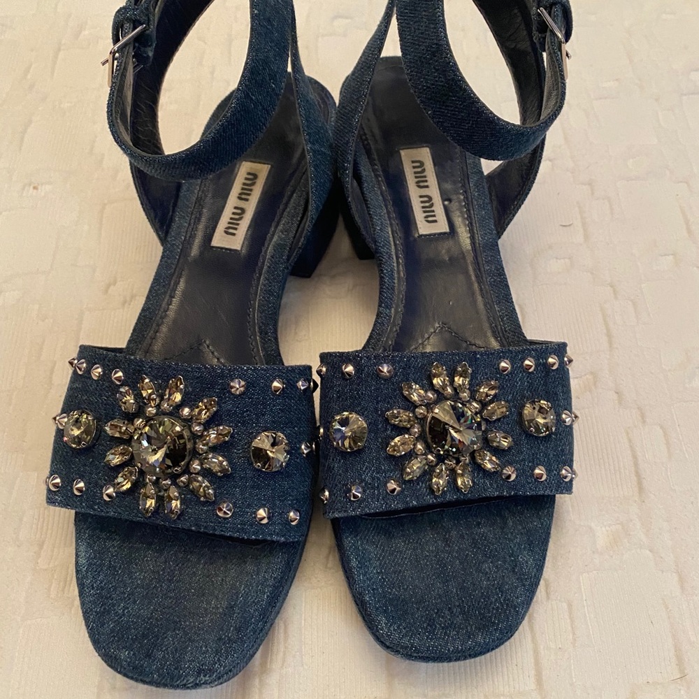 Miu Miu Denim Crystal Chunky Heel Sandals 7* - Picture 3 of 12